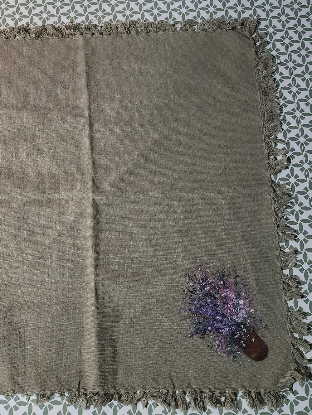 Fringed Hand Painted Cloth Napkin with Floral Vase Print